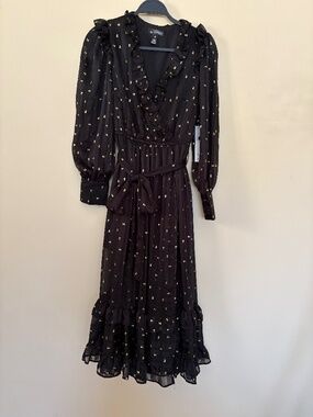 AQUA NWT Black Gold Metallic Dot Ruffle Wrap Dress Size S